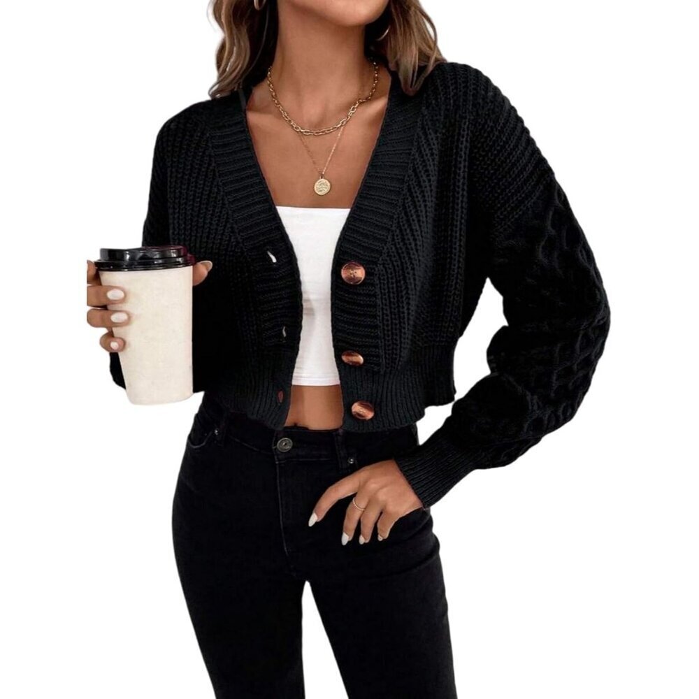 Women Sweater Cardigan Ribbed Knit Open Front Long Sleeve Button Size Medium